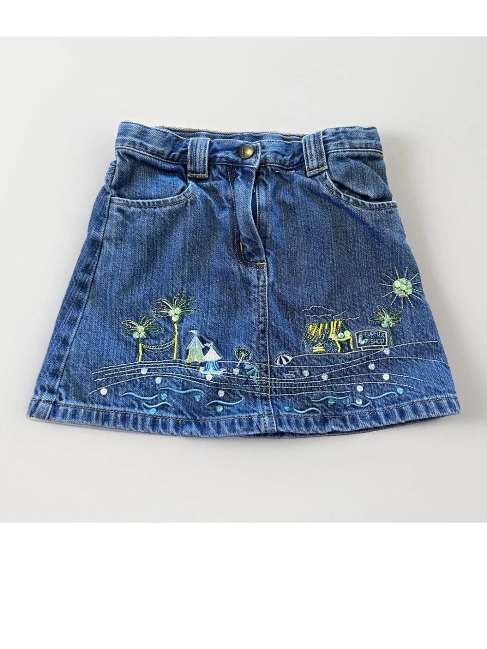 Vintage 2004 Gymboree Pool Party Denim Skirt with Beach Embroidery Size 4